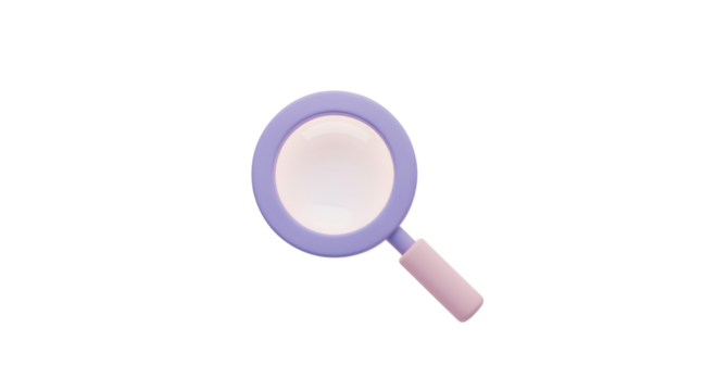 Magnifying glass with pastel purple handle and white lens on Transparent Background