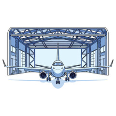 Vector Illustration of Commercial Jet Aircraft in Hangar in Modern Style with Blue and White Colors