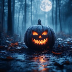 Glowing carved pumpkin in a misty forest at night under a full moon