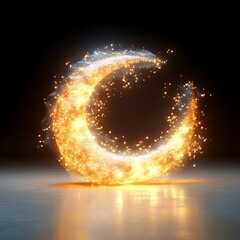 Glowing crescent moon, fiery particles, dark background