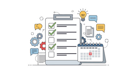 Illustration of a checklist on a clipboard with a calendar and gears, representing project management and task completion.