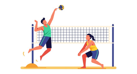 Two people playing beach volleyball, one jumping to hit the ball, the other in a ready position, with a net and sand in the background.