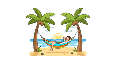 Man relaxing in hammock between palm trees on beach at sunset.