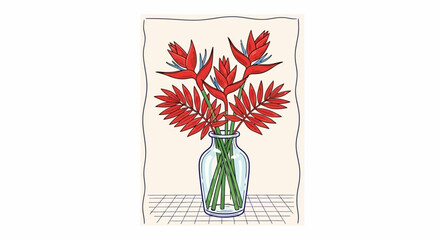A vibrant bouquet of red heliconia flowers and green foliage arranged in a clear glass vase on a checkered surface.