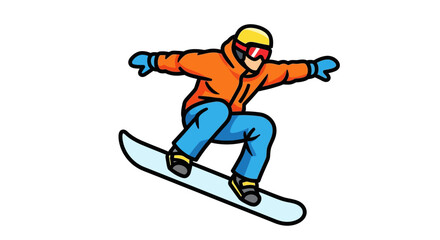 Fototapeta premium A person snowboarding, wearing orange jacket, blue pants, and a yellow helmet, in mid-air.