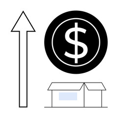 Obraz premium Dollar sign within a black circle, upward arrow symbolizing growth, and a box representing shipping or commerce. Ideal for finance, growth, logistics, e-commerce, trade, investment simple flat