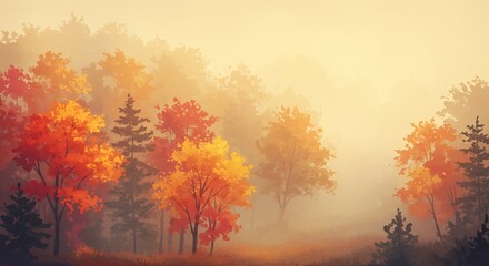 Fototapeta premium Autumn Forest Painting with Red Orange Leaves and Misty Golden Light