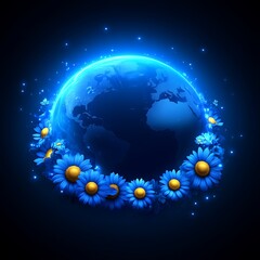 Glowing Earth encircled by blue flowers