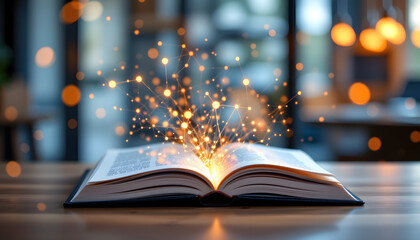 Digital Innovation Open Book with Glowing Data Network