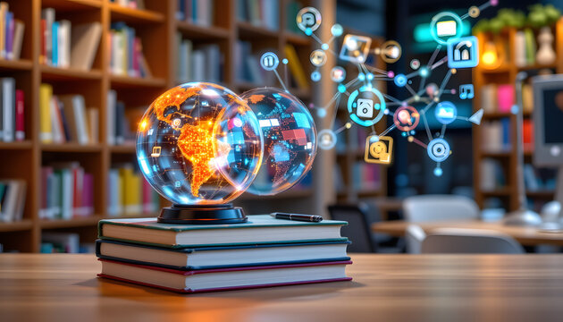 Futuristic Education Scene with Digital Globe and Holographic Library