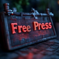Glowing "Free Press" sign on a metallic surface