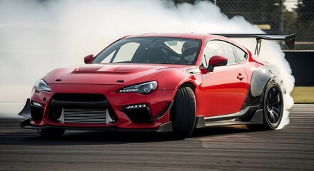 Fototapeta premium Red sports car drifting on race track with smoke, high-performance modified vehicle showcasing speed, power, and professional motorsport action
