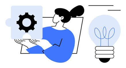 Fototapeta na wymiar Woman holding gear puzzle piece symbolizing collaboration and problem-solving, light bulb next to her for inspiration. Ideal for innovation, teamwork, brainstorming, strategy, business, creativity