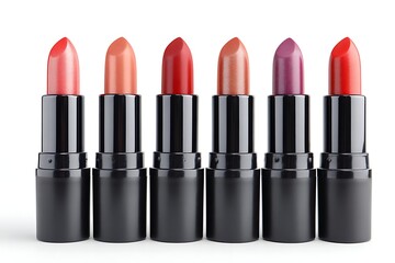 Obraz premium Six Matte Black Lipsticks with Assorted Colors in a Row on White Background