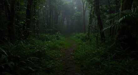 Obraz premium Lush Tropical Rainforest Path with Misty Atmosphere and Vibrant Green Foliage Abundance