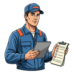 Vector Illustration of Delivery Person in Modern Style with Cap Uniform Holding Tablet and Clipboard