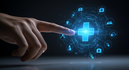 Finger Touching Blue Medical Cross Symbol on Dark Background
