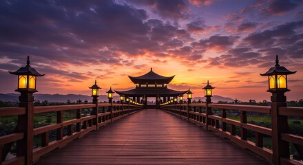 Obraz premium Serene asian temple bridge illuminated by sunset in vibrant hues of twilight skies