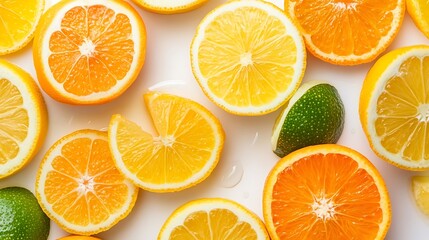 Fototapeta premium Sliced Citrus Fruits Pattern Vibrant Orange, Lemon, and Lime Halves on White Surface