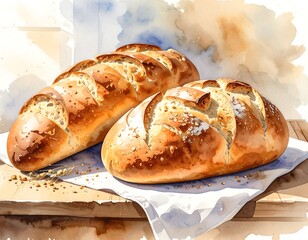 Watercolor bread loaves in sunlight display