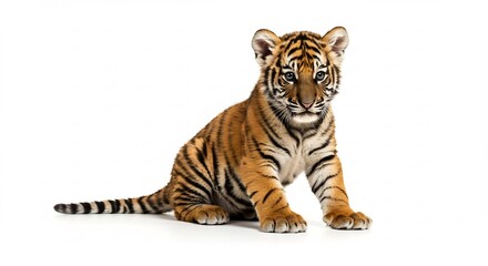 Obraz premium Adorable tiger cub sits calmly against bright white background. AI Generated