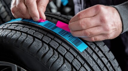 Hands Applying Colorful Labels to Tire for Inventory Management