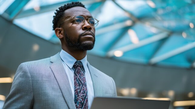 Professional man in business attire modern office portrait photography urban environment confident viewpoint career ambition