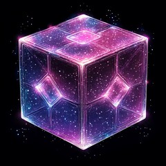 Glowing, multifaceted cube in space