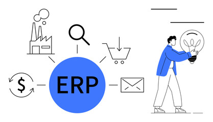 ERP at the center with links to factory, magnifying glass, shopping cart, dollar, envelope person holding lightbulb. Ideal for enterprise management, productivity, automation, integration resource