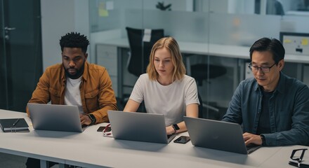 Focused team collaborates diligently on laptops under soft office lighting. AI Generated