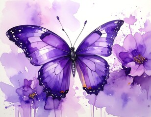 Watercolor Butterfly and Blooms in a Lavender Haze