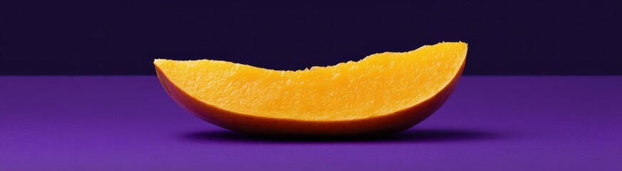 Single mango slice on purple background.