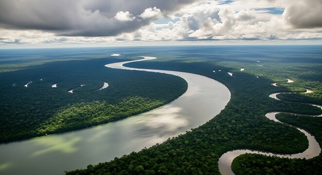 Lush green rainforest surrounds a winding river, seen from a high vantage point.
