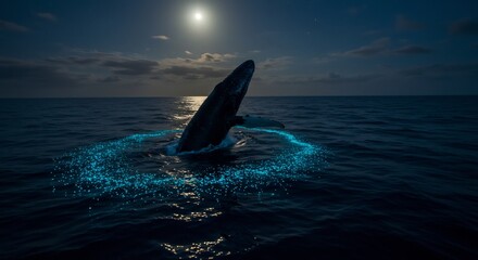 Fototapeta premium Whale breaches majestically under moonlit sky bioluminescent ocean trail glows. AI Generated