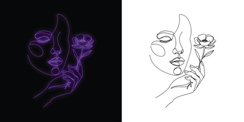Elegant minimal line art of woman's face with flower, glowing purple and classic monochrome