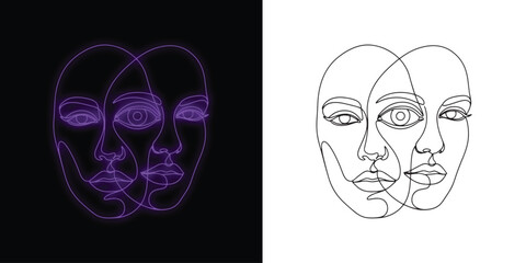 Discover duality with this modern neon face line art for posters and branding now