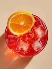 Top-Down View of Campari Spritz in Round Glass with Large Ice Cubes and Orange Slice, Vibrant Red Drink on Minimalist Beige Background, Soft Natural Lighting
