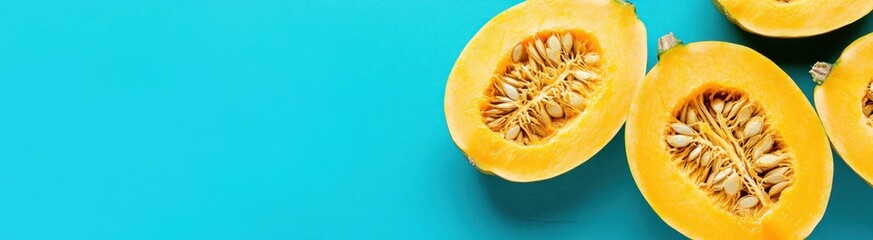 Halved butternut squash on teal background.