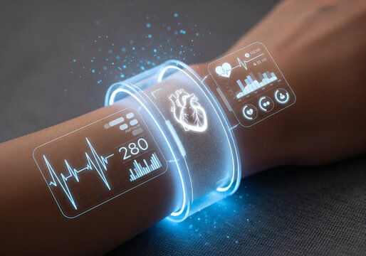 Advanced Medical Technology Futuristic Smartwatch Displaying Heart Health Data and Vital Signs on Arm