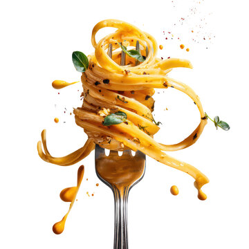 Delicious pasta twirled on a fork with sauce splashes isolated on transparent background