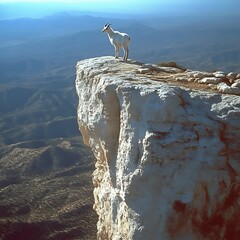 Goat atop a stark white cliff, vast vista below