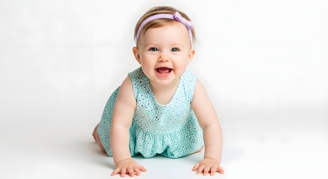 Crawling baby girl wearing a pink headband and blue dress on white background