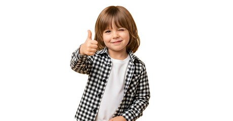 Smiling young girl giving a thumbs up behind a blank white sign