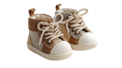 Pair of knitted baby high top sneakers isolated on transparent background