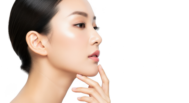 A beautiful asian woman with glowing skin touches her chin thoughtfully, her gaze directed to the side isolated on transparent background