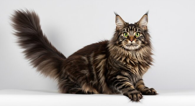 Majestic longhaired cat elegantly poses against a bright white background. AI Generated