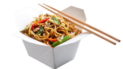 Delicious chinese takeout noodles in a white box with chopsticks isolated on transparent background