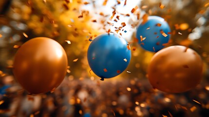 Gold and blue balloons in air, confetti falling