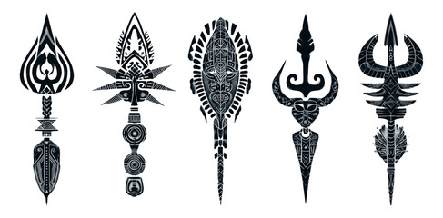 Detailed Collection of Isolated Tribal Art Spear Designs on Transparent Background