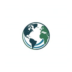 Fototapeta premium Stylized blue green earth globe showing continents with swirling blue lines representation of global network and connectivity